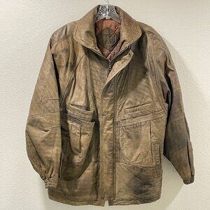CHIA Men Vintage Leather Bomber Jacket Distressed Brown Olive Size S (runs big)